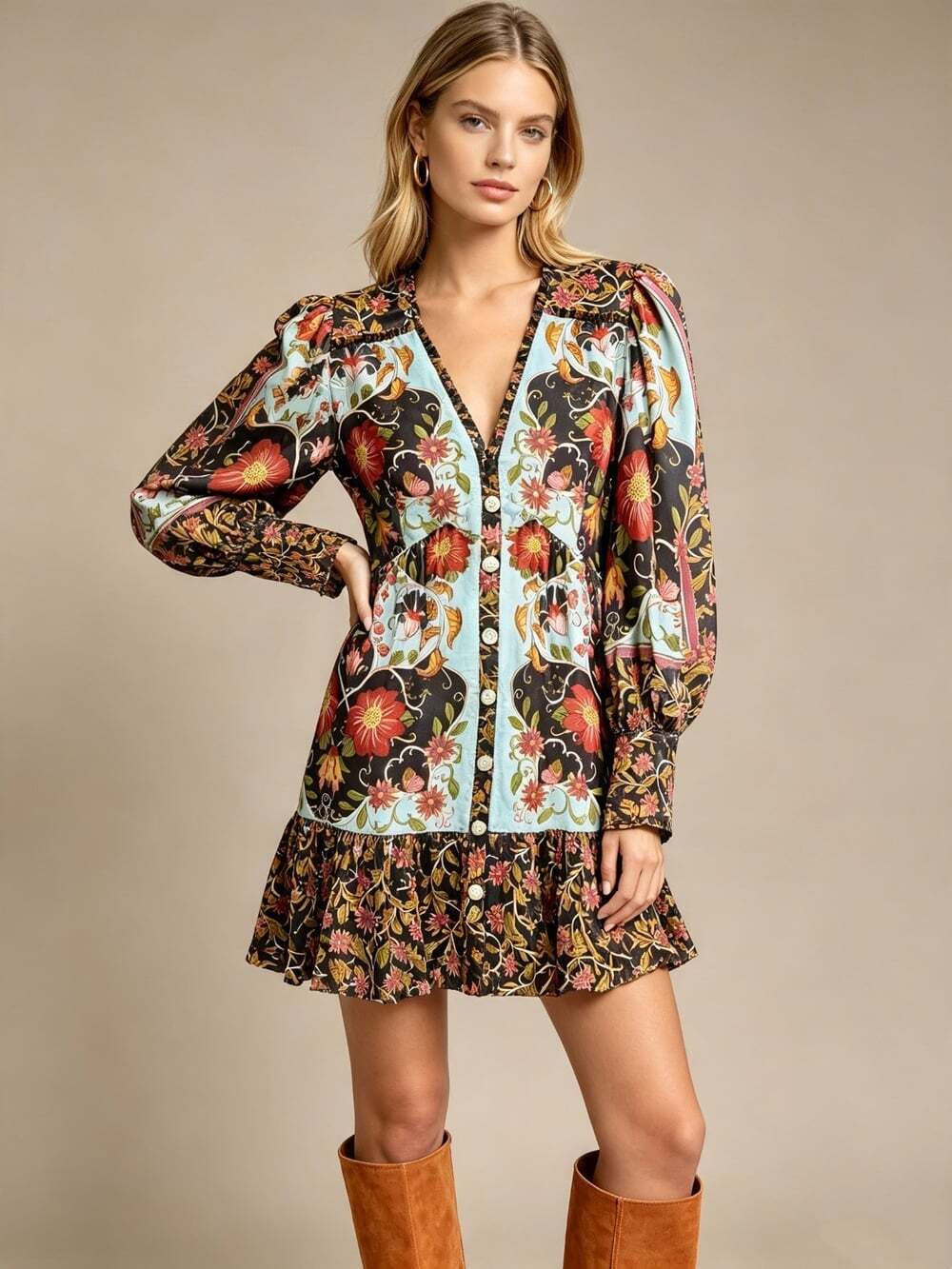 NWOT Farm Rio Floral Swans V-Neck Long Sleeves Mini Dress Size S